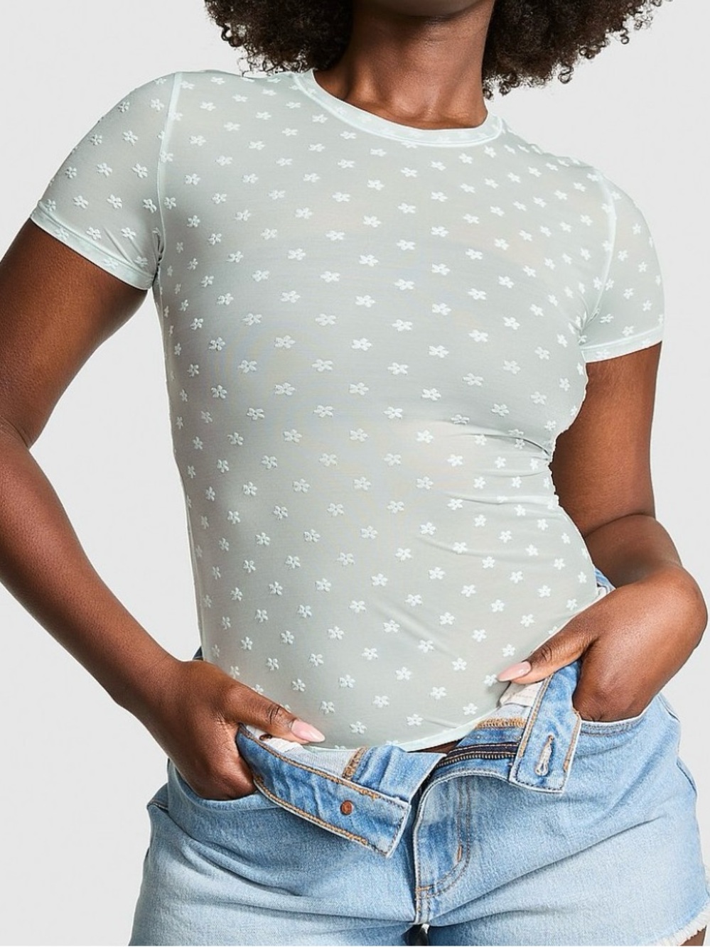 PINK Victoria's Secret Daisy Print Floral Mesh Short Sleeve Tee in Mint Green